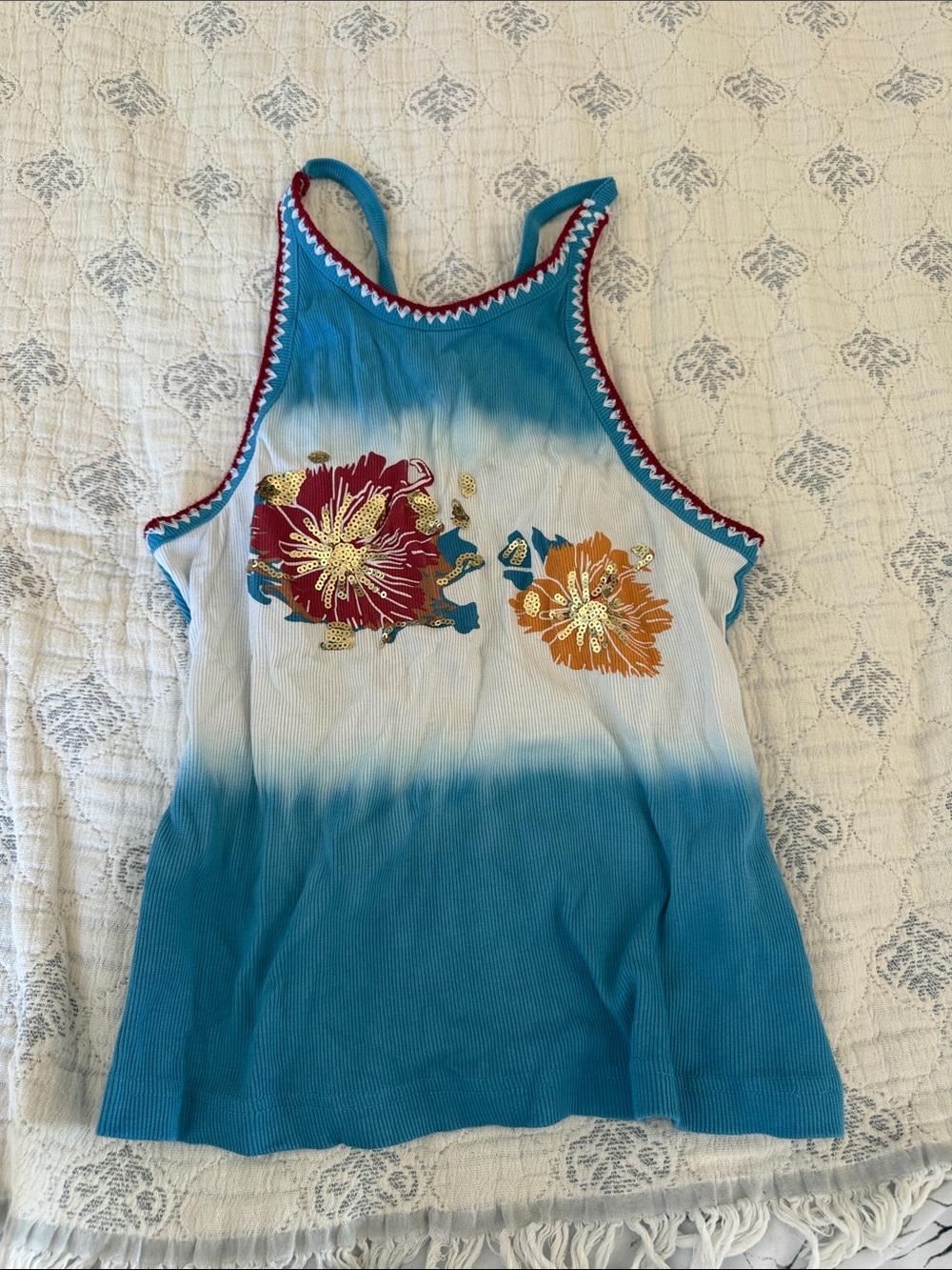 Urban Outfitters Blue Ombre Floral Tank with Gold Appliqué